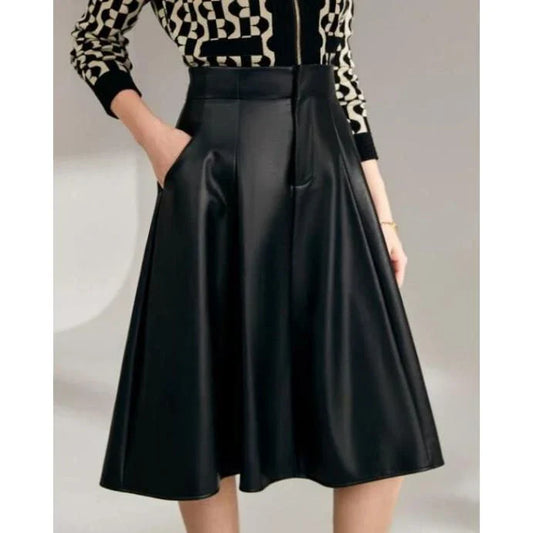 High-waist, A-line black PU leather skirt with a knee-length design for a sophisticated, elegant look