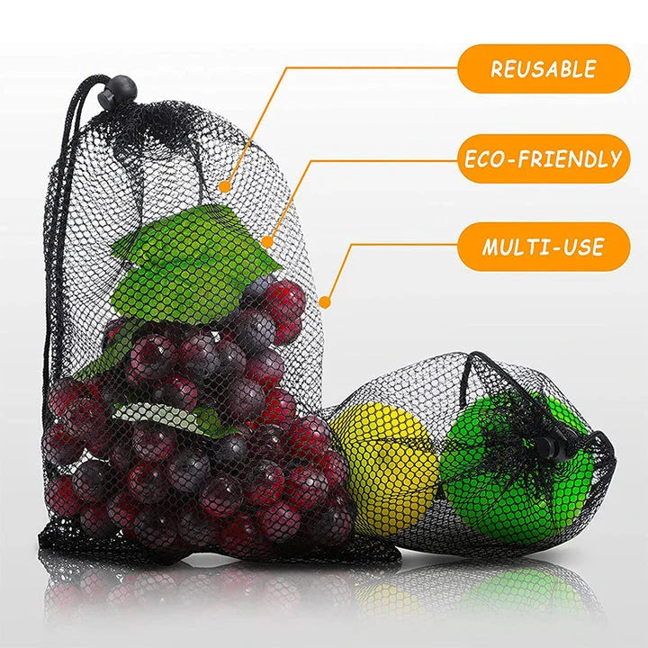 Multipurpose nylon mesh drawstring storage bag in two sizes for organising sports gear, laundry, and more