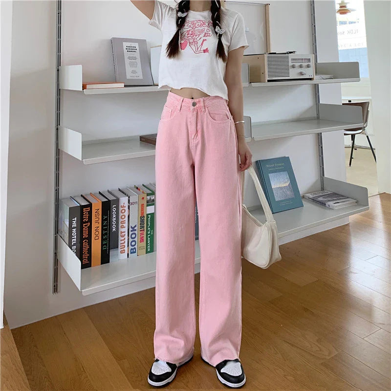 Premium cotton denim high-waist wide-leg trousers in a flattering, figure-hugging silhouette