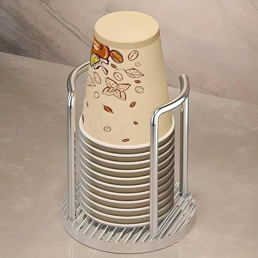 Elegant gold and silver disposable cup organiser with longer stand, designed for easy access and a sophisticated look in homes, offices, and cafes.