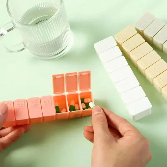 Colourful 7-day weekly pill organiser with clear compartments and lettering for easy medication management