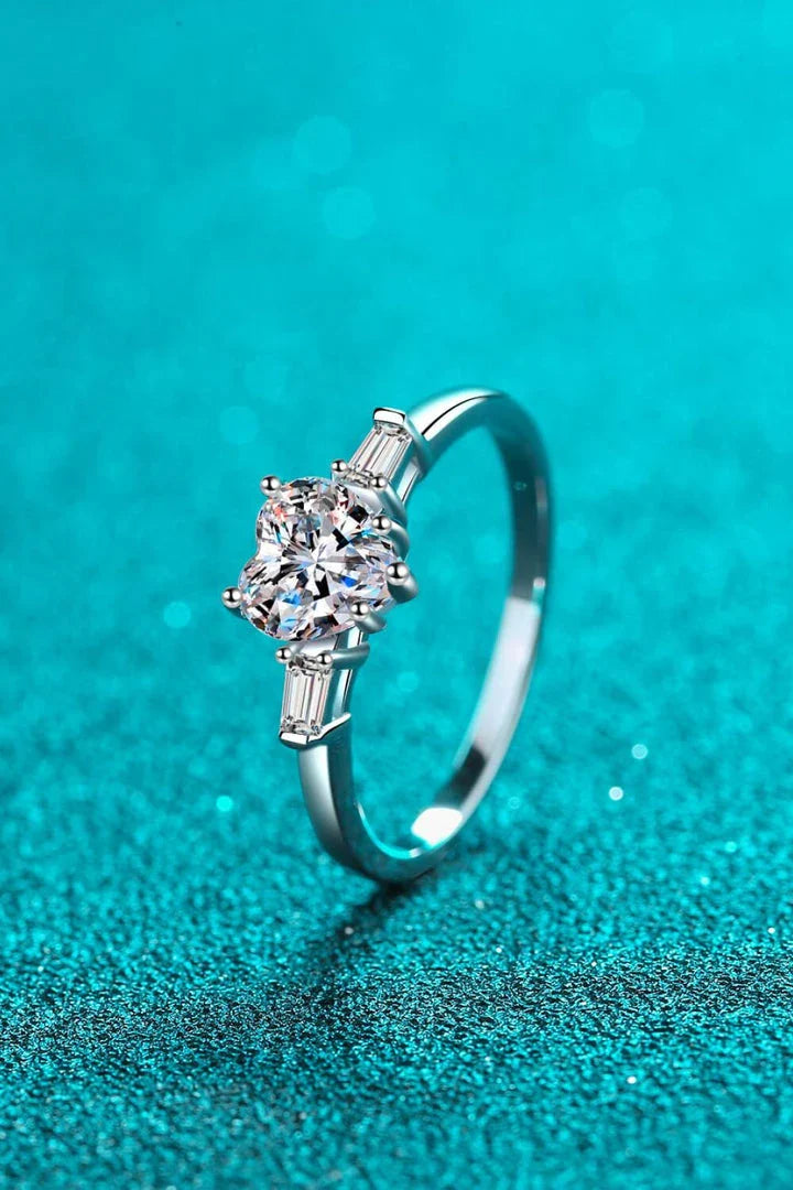 Elegant 1.2-carat moissanite heart-shaped ring in lustrous 925 sterling silver with rhodium plating