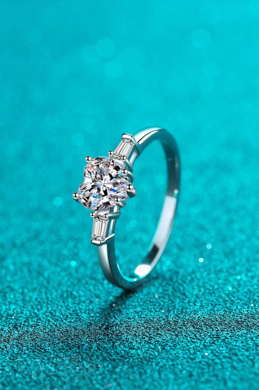 Elegant 1.2-carat moissanite heart-shaped ring in lustrous 925 sterling silver with rhodium plating