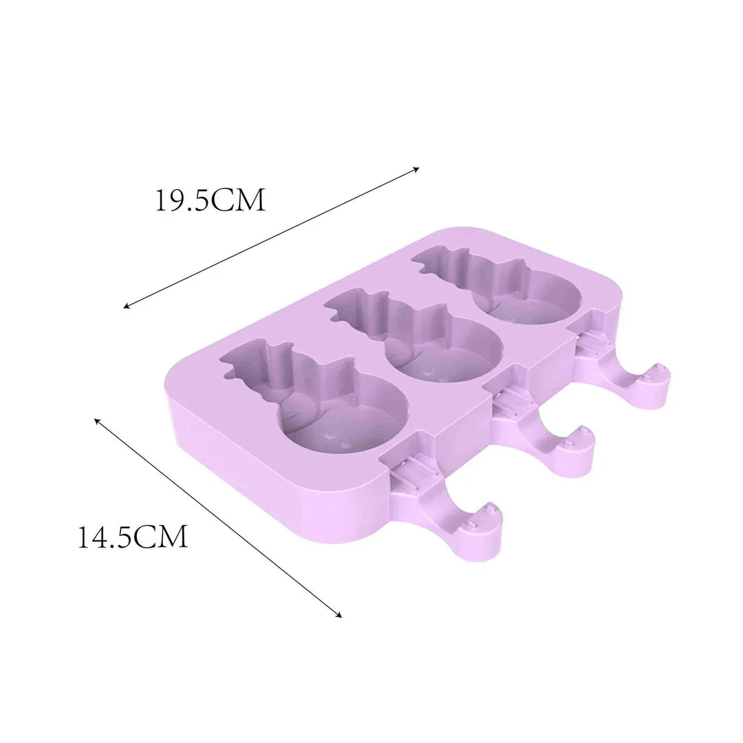 Purple silicone popsicle mould with stainless steel sticks, perfect for creating homemade frozen treats with a British flair