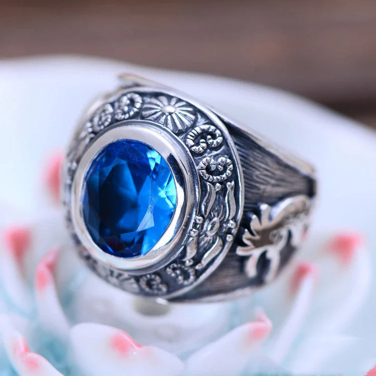 925 sterling silver personalized totem signet ring with blue crystal, a unique and captivating accessory for men
