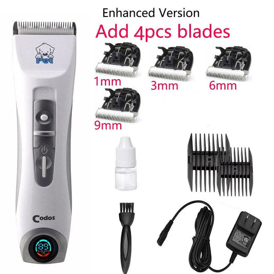 A modern, cordless electric dog grooming trimmer with an LCD display and multiple attachments for professional-quality pet grooming