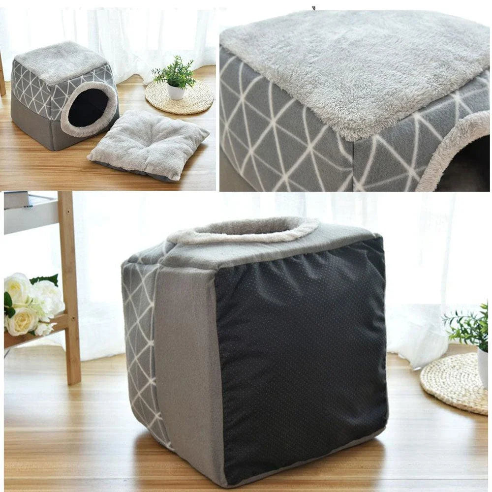 Cosy collapsible cat house and bed made with soft fleece material for comfortable lounging and relaxation for indoor cats