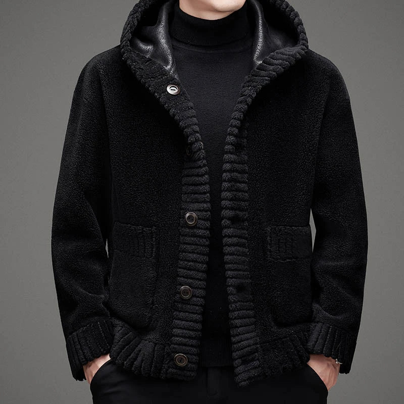 Premium double-sided cashmere hooded jacket with luxurious faux fur lining, perfect for British winter weather