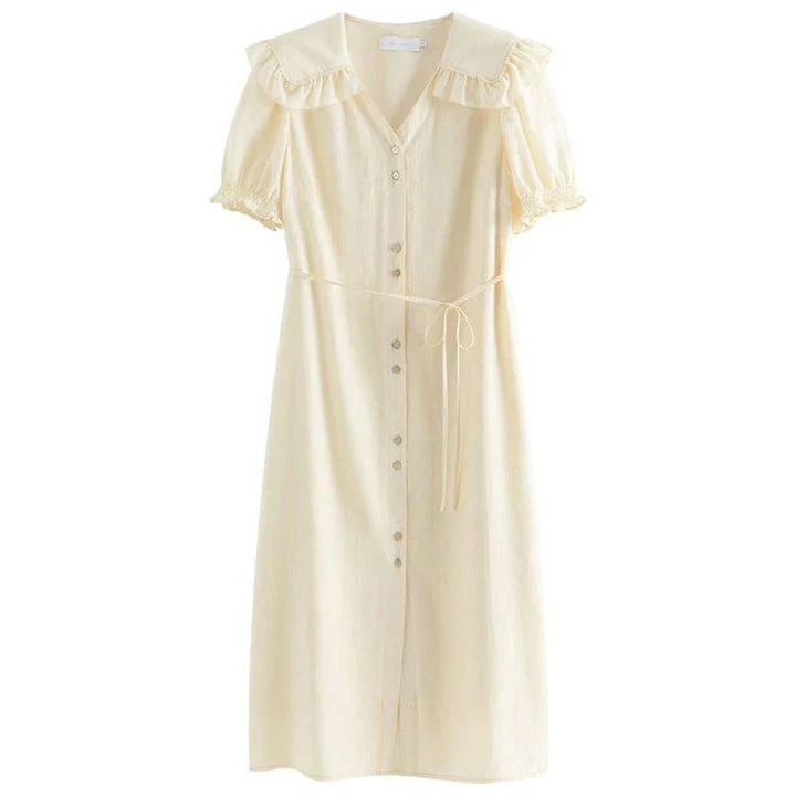 Elegant Navy Sailor Collar Dress with Signature Fungus-Edged Sleeves, a knee-length dress with a unique collar and delicate sleeve details