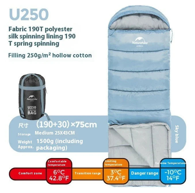 Naturehike Luxury Down-filled Sleeping Bag for Outdoor Camping in Hollow Cotton/Clay Gray, Hollow Cotton/Moxa Leaf Green, and Down Cotton/Sky Blue colours