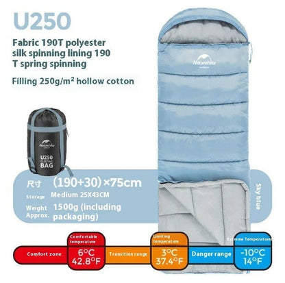 Naturehike Luxury Down-filled Sleeping Bag for Outdoor Camping in Hollow Cotton/Clay Gray, Hollow Cotton/Moxa Leaf Green, and Down Cotton/Sky Blue colours