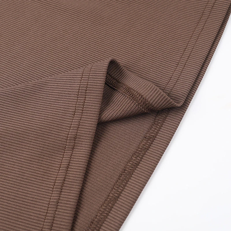 Trendha Slim-Fit Pleated Off-Shoulder Dress in Brown with Long Sleeves