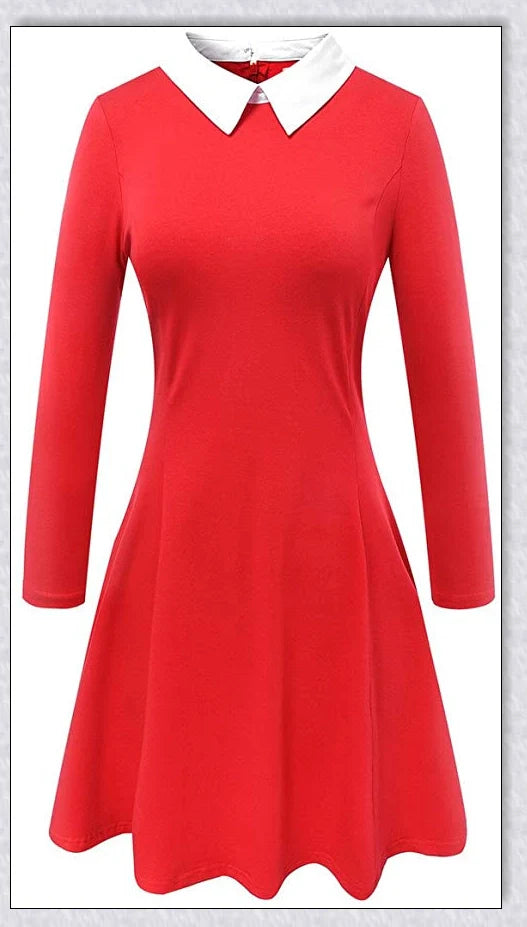 Elegant long-sleeved Peter Pan collar dress in multiple colours, perfect for Halloween or casual wear