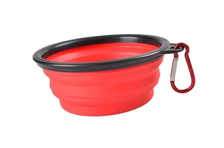 A collapsible pet silicone bowl in black, with a large 350 ml capacity, designed for outdoor adventures with your furry friend.