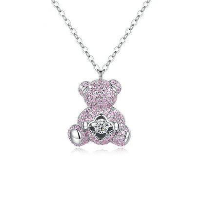 Clavicle chain necklace with a charming bear pendant and sparkling zircon stones, made from high-quality 925 sterling silver