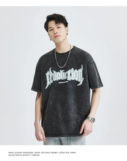 Premium vintage-inspired short-sleeved t-shirt in a distressed black colour, made of soft pure cotton fabric