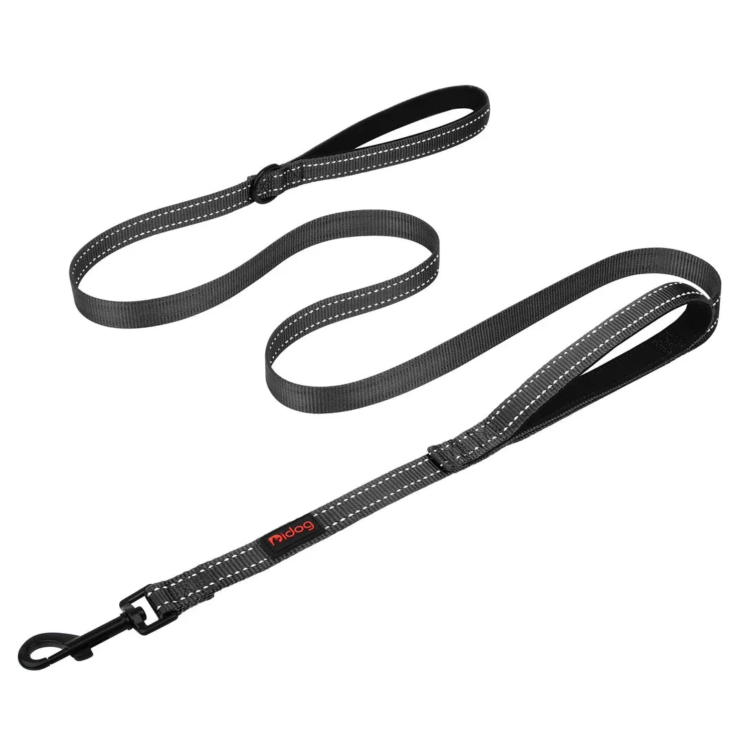 Premium 5ft Dual-Handle Reflective Nylon Dog Leash with durable nylon construction, padded handles, and reflective stitching for enhanced visibility