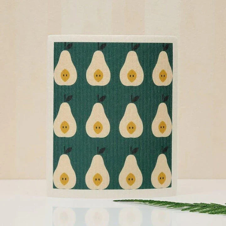 Vibrant green fruit print dish cloth made from sustainable cellulose and renewable cotton