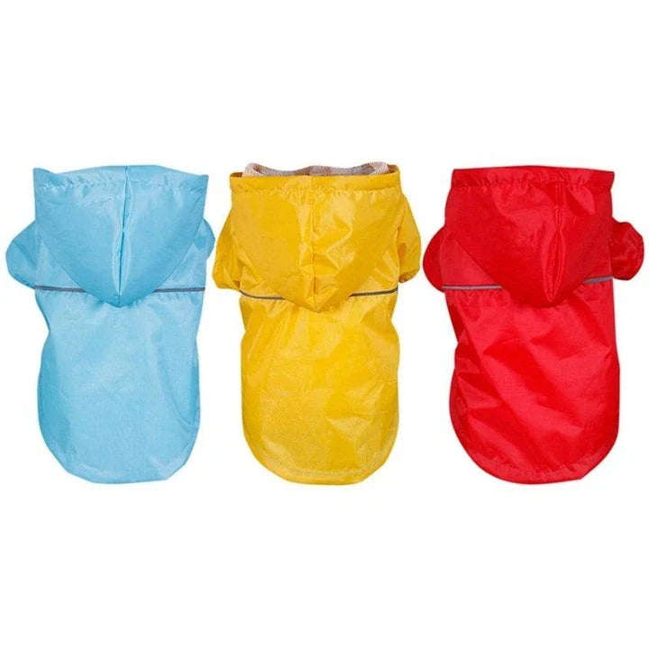 Waterproof reflective hooded raincoat for small and large dogs and cats, available in various sizes and colours