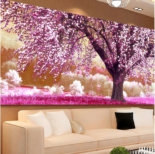 Exquisite forest landscape painting with blooming flowers and rich, verdant trees