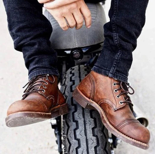 Premium leather motorcycle boots with reinforced toe and durable rubber sole for urban adventures