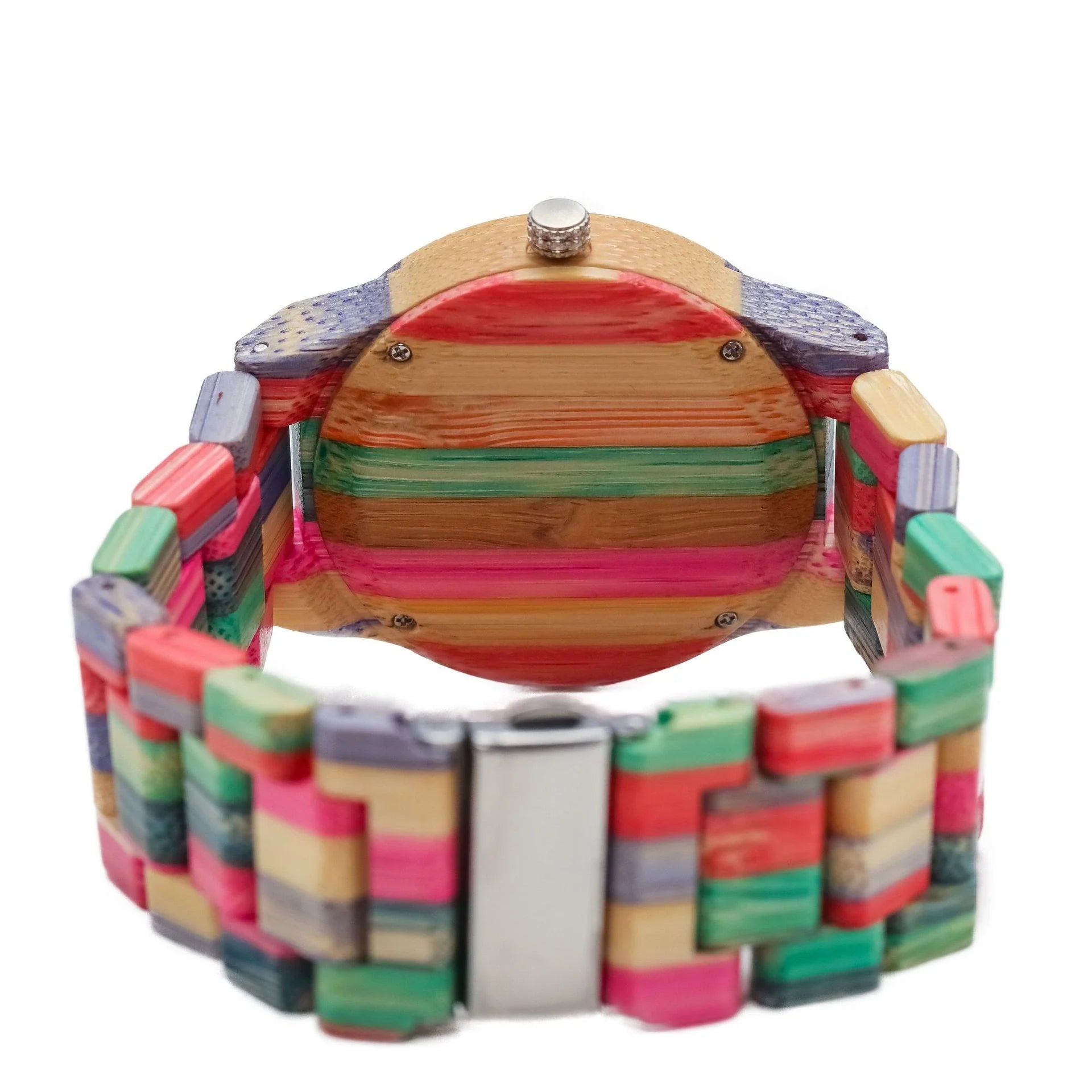 Stylish quartz watch with bamboo wood case and strap in a vibrant colourway