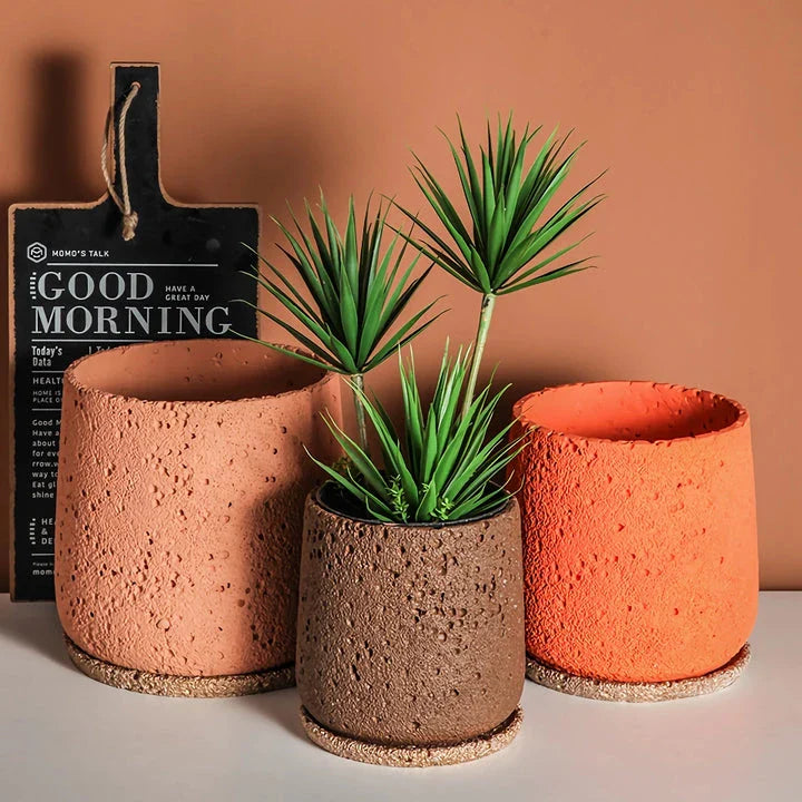 A modern, perforated cement bonsai planter in a Nordic-inspired design, available in various sizes and colours.