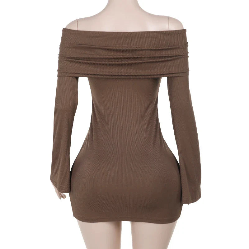Trendha Slim-Fit Pleated Off-Shoulder Dress in Brown with Long Sleeves