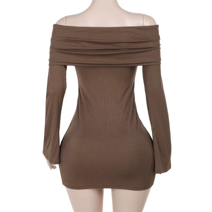 Trendha Slim-Fit Pleated Off-Shoulder Dress in Brown with Long Sleeves