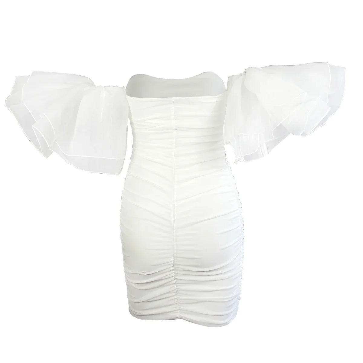 Elegant puff sleeve mesh dress with a flattering short, irregular skirt in white and black colours