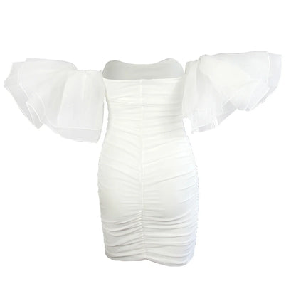 Elegant puff sleeve mesh dress with a flattering short, irregular skirt in white and black colours