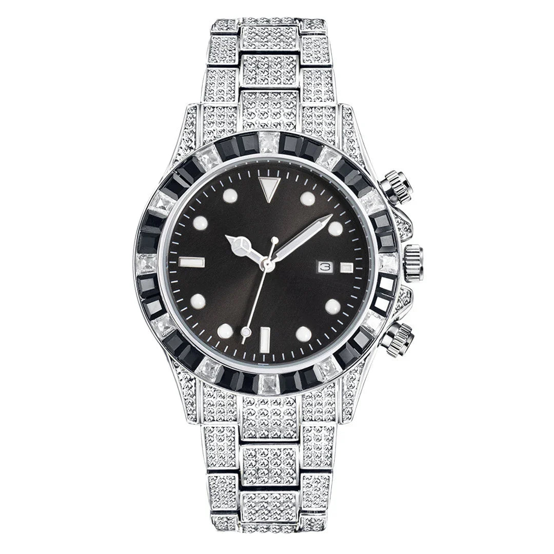 Premium diamond-encrusted green quartz watch with luminous display and sun pattern design