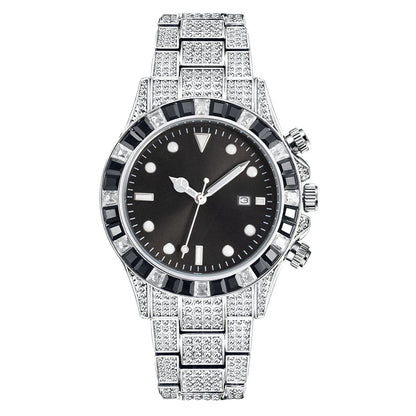 Premium diamond-encrusted green quartz watch with luminous display and sun pattern design
