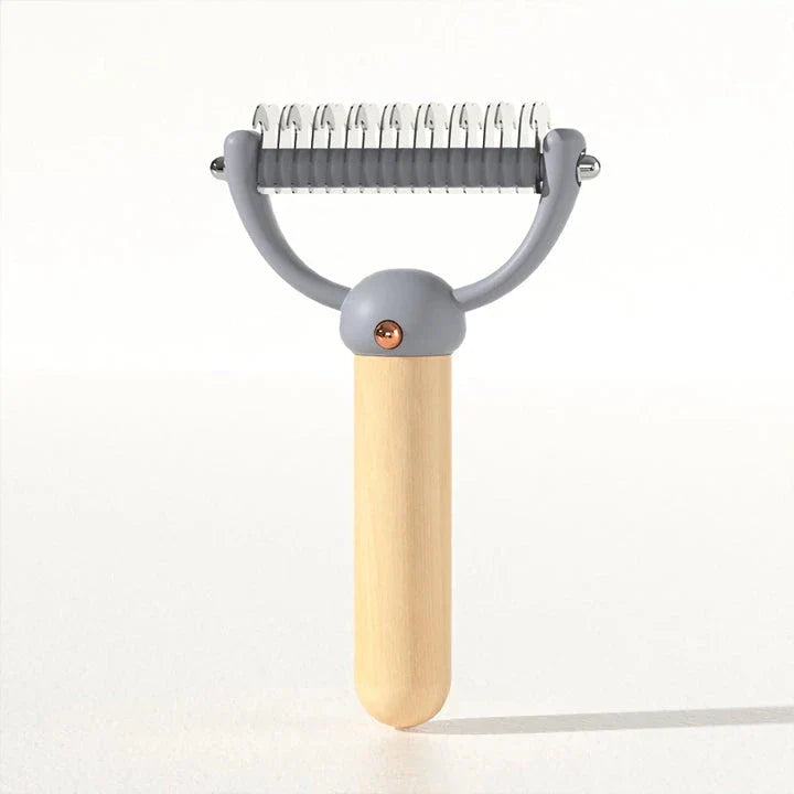 Double-sided pet hair comb with stainless steel blades and ergonomic wooden handle for effective grooming