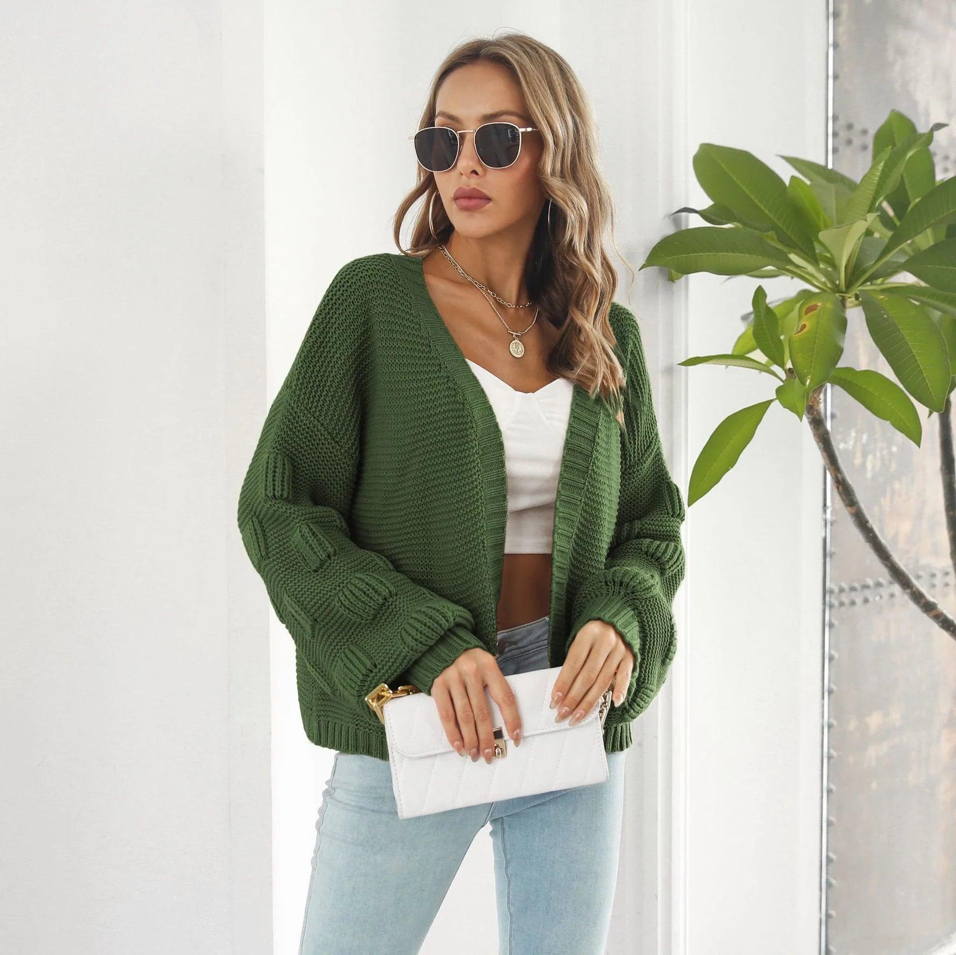 Elegant puff sleeve cardigan sweater in army green and wheat yellow colours, featuring a chunky knit design for cosy winter wear