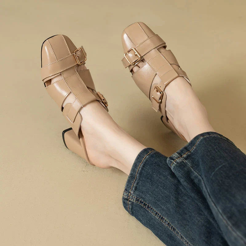 Exquisite embroidered leather high heel slippers in khaki colour, showcasing intricate detailing and a stable square heel design for stylish summer wear