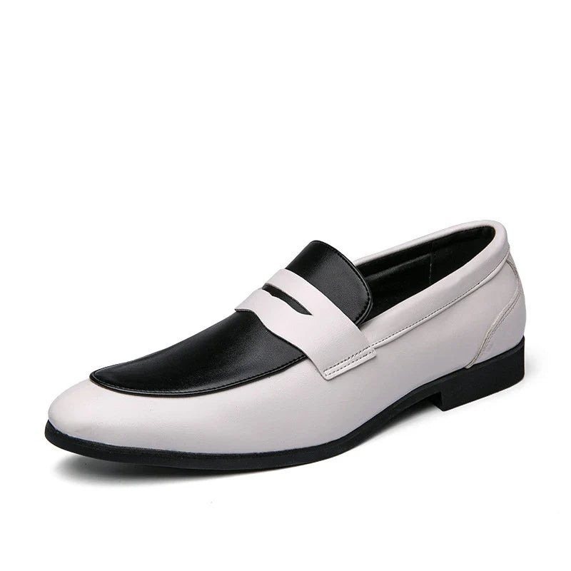 Premium British-style leather dress shoes for men in white, black, yellow, and red colour options
