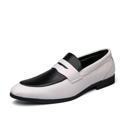 Premium British-style leather dress shoes for men in white, black, yellow, and red colour options