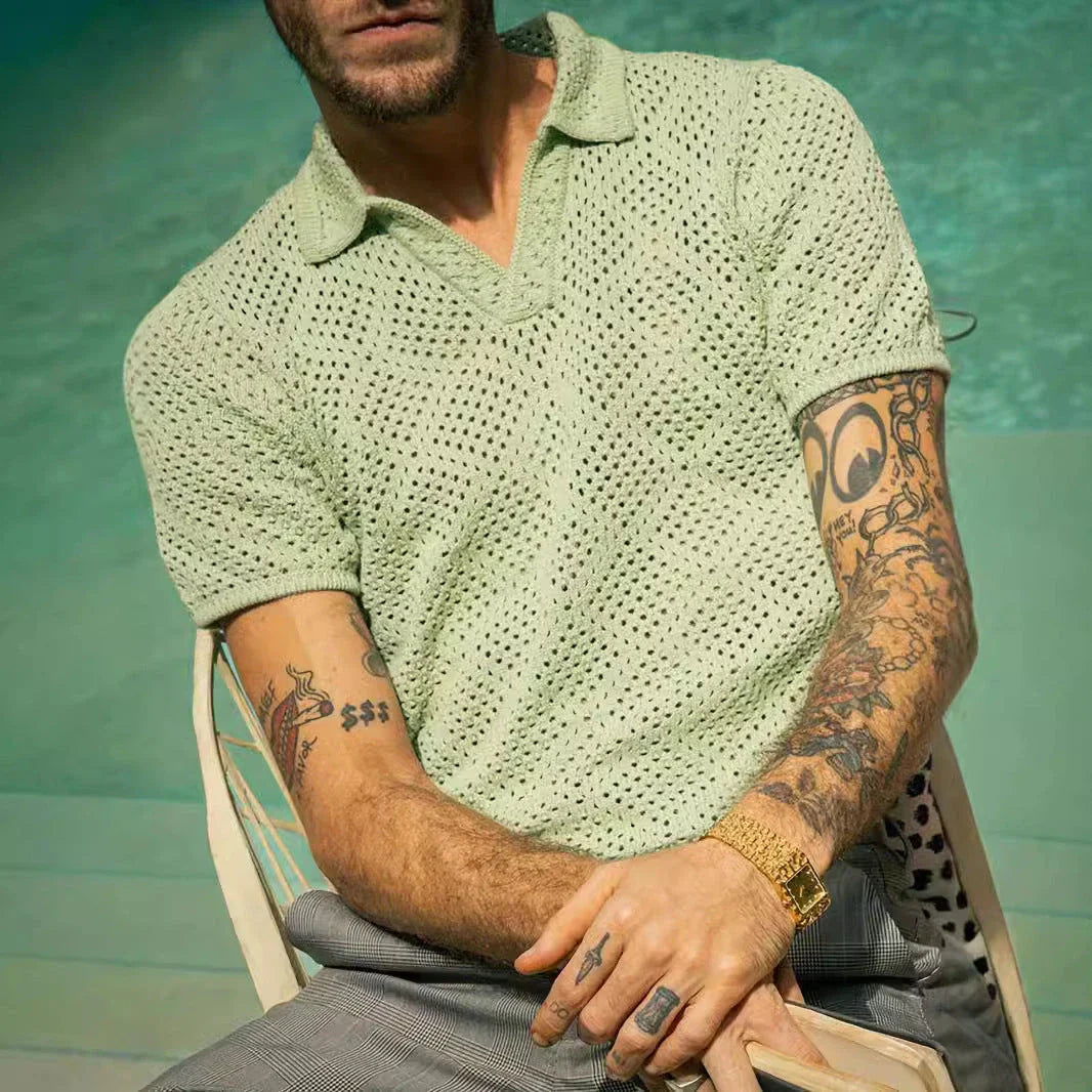 Premium quality men's knitted summer shirt in green, navy, and beige colours with a classic pullover design
