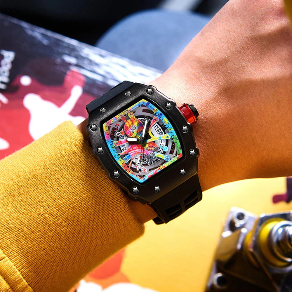 Quartz watch with a captivating tourbillon skeleton design, available in a range of sophisticated colour options