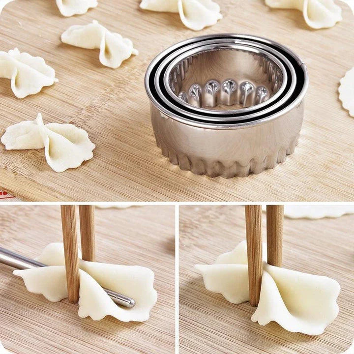 Premium stainless steel dumpling maker set with three distinct mold sizes for creating a variety of dumpling shapes