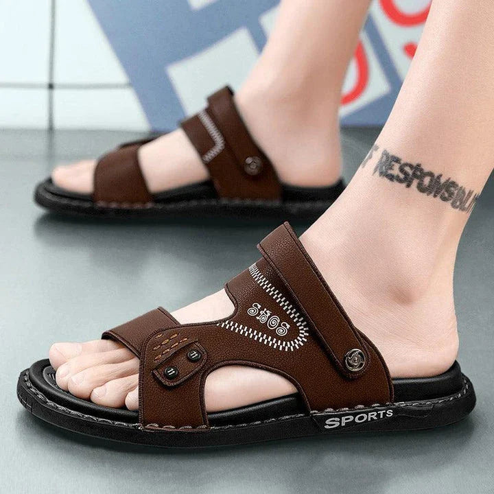Premium British-made beach sandals with breathable PU upper, non-slip rubber sole, and adjustable buckle closure