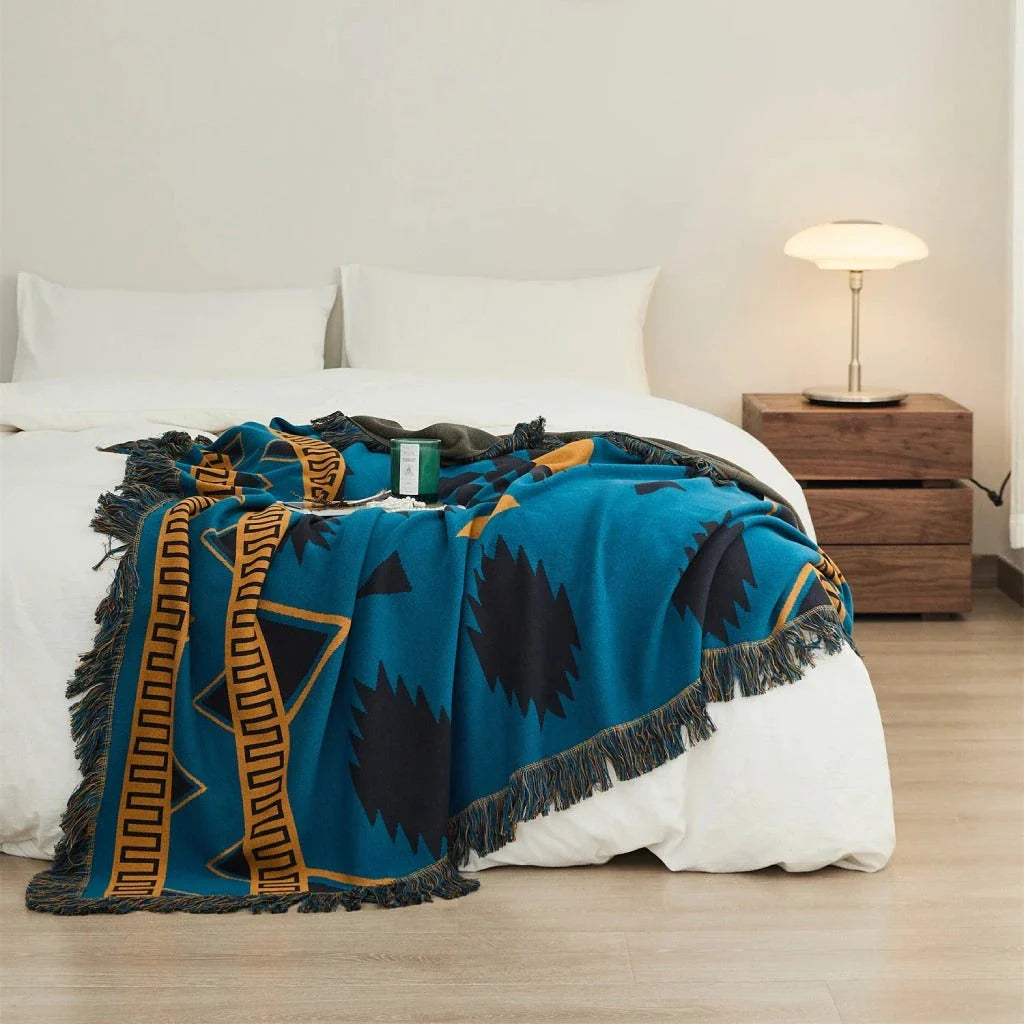 Elegant Bohemian Geometric Pattern Blanket made from premium cotton with luxurious fringes, available in various colours