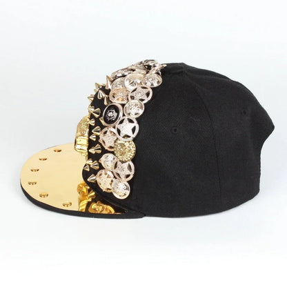 A black baseball cap with a striking skull and leopard print design, featuring adjustable snapback closure for a customized fit.