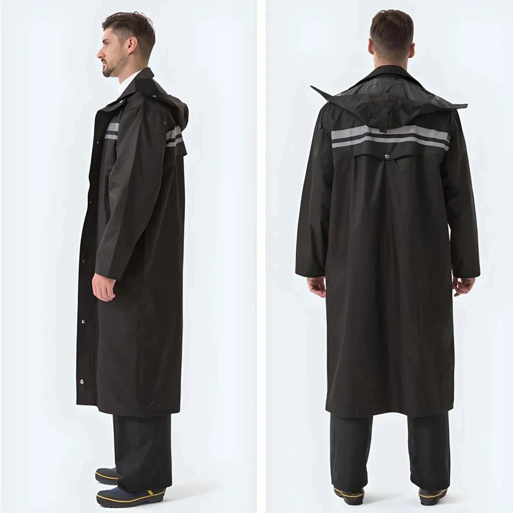 Men's long waterproof raincoat in black, made from premium Oxford cloth with a thick lining for warmth and protection against rain and wind.