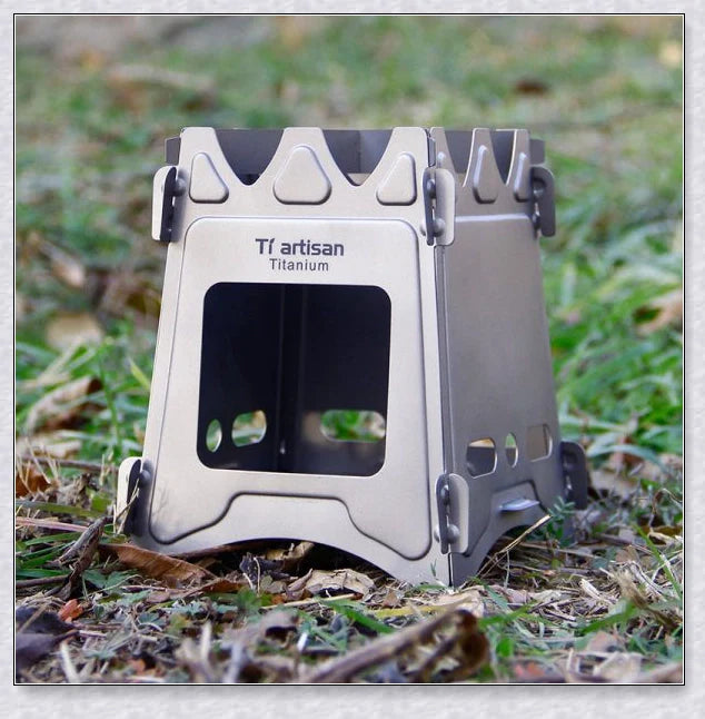 Compact titanium wood-burning camping stove with a folding design and carrying case for easy transport and storage
