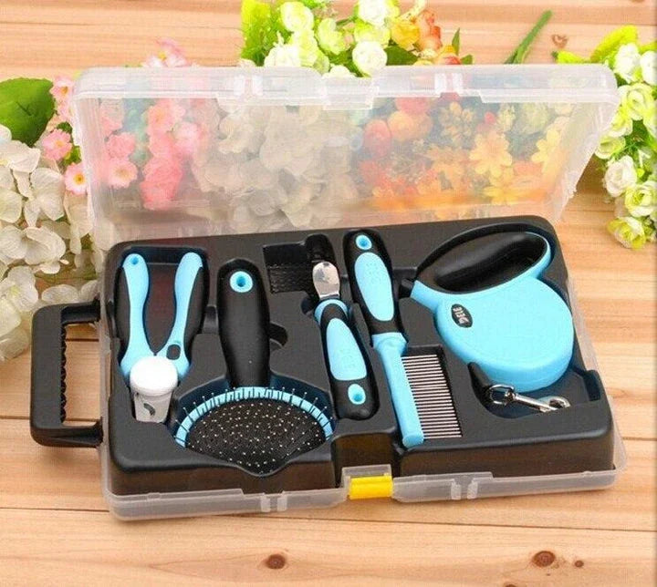 Premium UK pet grooming tool set with nail clippers, slicker brush, steel pin comb, deshedding tool, and retractable leash