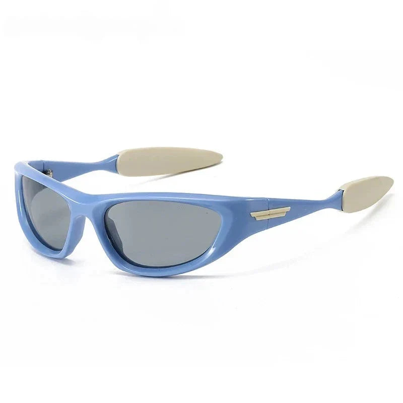 Pair of premium polarized cat eye sports sunglasses with blue-gray frames and lenses