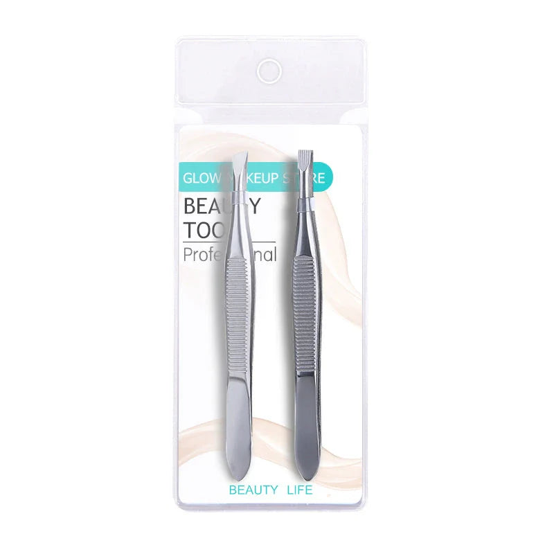 Set of two premium stainless steel hair removal tweezers in a stylish case for effortless grooming