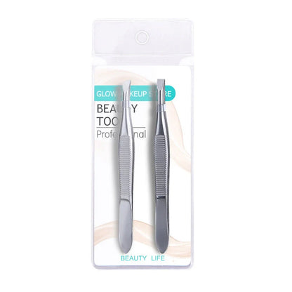Set of two premium stainless steel hair removal tweezers in a stylish case for effortless grooming